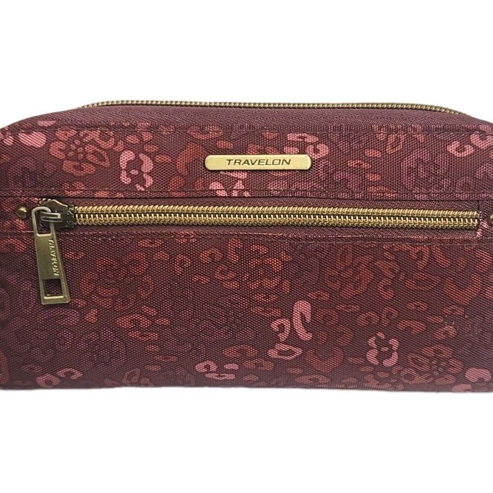 Travelon Wallet Wristlet Burgundy Floral Nylon 7.5"x4" Card Organizer Coin Zip - Picture 7 of 12